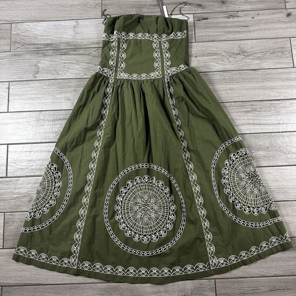 New Anthropologie Strapless Drop-Waist Embroidered Midi Dress $268 Large Olive